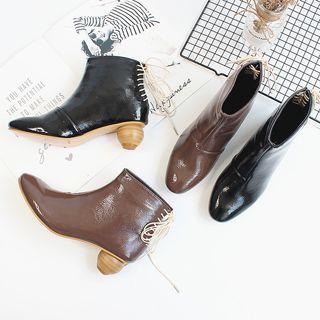 Patent Wooden Heel Back Tie Ankle Boots