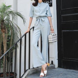 Set: Elbow-sleeve Striped Shirt + Wide-leg Pants