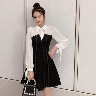 Mock Two-piece Long-sleeve Tie-cuff A-line Dress