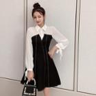 Mock Two-piece Long-sleeve Tie-cuff A-line Dress