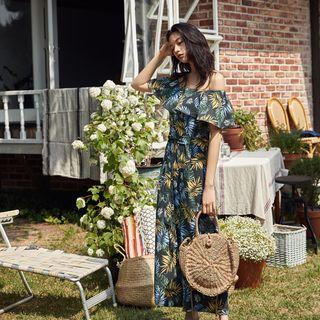 Off-shoulder Pattern Jumpsuit With Sash