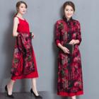 Set: Sleeveless A-line Midi Dress + 3/4-sleeve Floral Long Jacket
