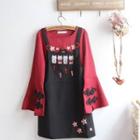 Bell-sleeve Embroidered Top / Mini Overall Dress / Set