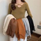 Wood Ear Trim Asymmetrical Long-sleeve Top
