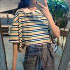 Short-sleeve Striped Crop Polo Shirt As Shown In Figure - One Size