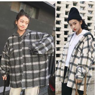 Plaid Buttoned Hooded Jacket