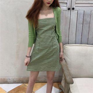 Long-sleeve Ribbed Cardigan / Spaghetti-strap Plaid Dress