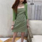 Long-sleeve Ribbed Cardigan / Spaghetti-strap Plaid Dress