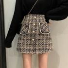 Faux Pearl Buttoned Tweed Skirt