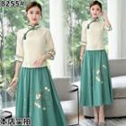 Traditional Chinese Set: Elbow-sleeve Top + A-line Midi Skirt