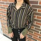 Faux Leather Panel Pinstripe Long-sleeve Blouse