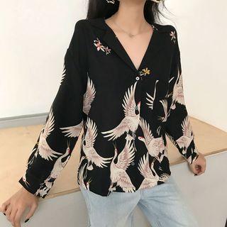 Long Sleeve Crane Print V-neck Blouse