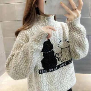 Mock-neck Cat Print Sweater