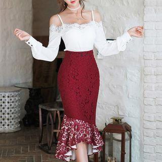 Set: Off Shoulder Long-sleeve Top + Mermaid Midi Pencil Skirt