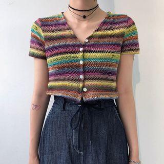 V-neck Multicolor-striped Cropped Cardigan