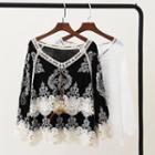 Lace Trim Long-sleeve Embroidered Top