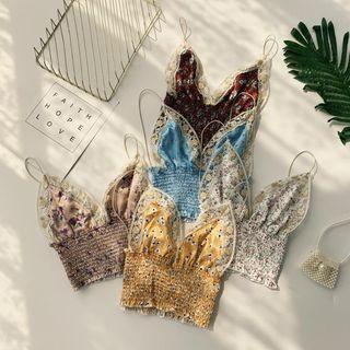 Floral Print Lace Trim Smocked Crop Cami Top