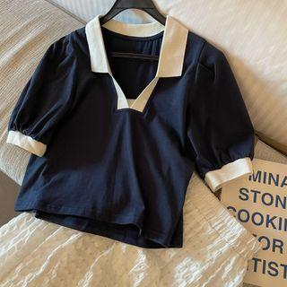 Contrast Collar Cropped T-shirt Navy Blue - One Size