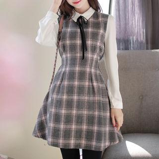 Tie-waist Plaid Flare Dress