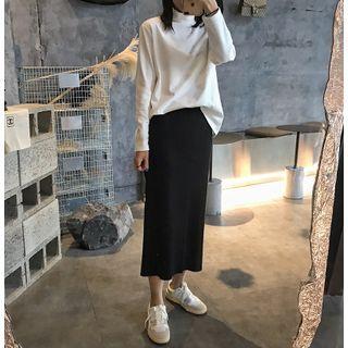High Waist Plain Ribbed Midi Skirt
