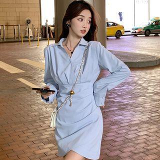 Long-sleeve Asymmetrical Hem Ruched Mini Shirtdress