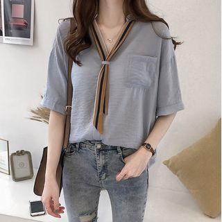 Short-sleeve Bow-neck Blouse
