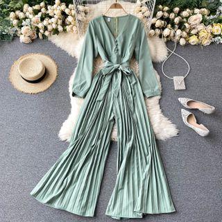 V-neck Long-sleeve Lace-up Strap Wide-leg Jumpsuit