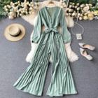 V-neck Long-sleeve Lace-up Strap Wide-leg Jumpsuit