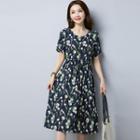 Floral Short-sleeve A-line Midi Dress