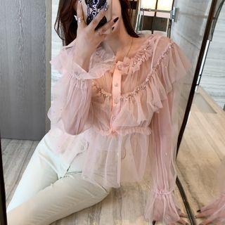 Set: Bell-sleeve Mesh Blouse + Camisole Top