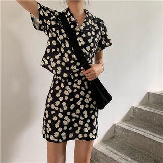 Floral Short-sleeve Shirt And Skirt