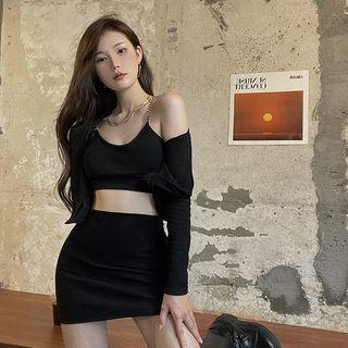 Set: Chain-strap Camisole Top + Mini Fitted Skirt + Cropped Cardigan