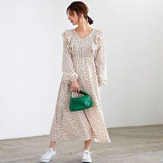 Long-sleeve V-neck Ruffle Trim Panel Floral Dress