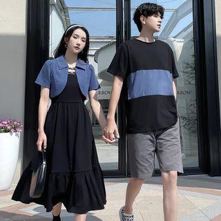 Couple Matching Spaghetti-strap Midi A-line Dress / Short-sleeve Cropped Light Jacket / T-shirt / Shorts / Set