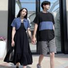 Couple Matching Spaghetti-strap Midi A-line Dress / Short-sleeve Cropped Light Jacket / T-shirt / Shorts / Set