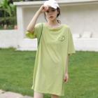 Printed Short-sleeve Long T-shirt Green - One Size
