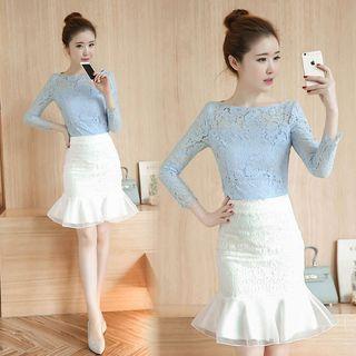 Set: Long-sleeve Lace Top + Mermaid Skirt