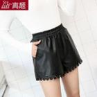 Lace Trim Faux Leather Shorts