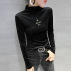 Mock-turtleneck Long-sleeve Letter Embroidered Velvet Top