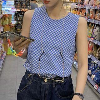 Sleeveless Plaid Top Tank Top - Blue - One Size