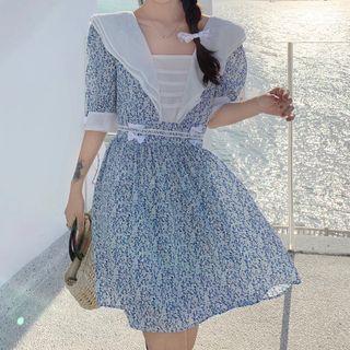 Lapel Elbow-sleeve Floral Print Dress