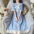 Short-sleeve Bow Accent Plaid Midi A-line Dress
