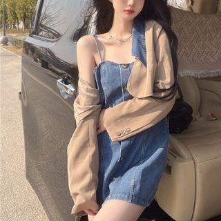 Spaghetti-strap Denim Mini A-line Dress / Cropped Jacket