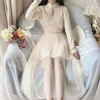 Sheer Panel Long-sleeve Midi A-line Knit Dress