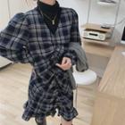 Puff-sleeve Plaid Shirred A-line Dress / Knit Shawl