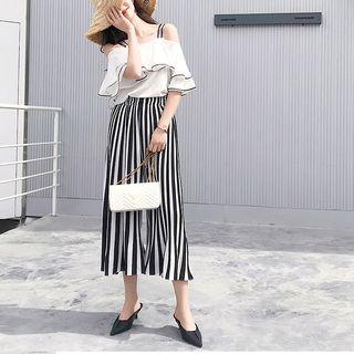 Set: Contrast Trim Off-shoulder Elbow-sleeve Top + Cropped Striped Wide-leg Pants