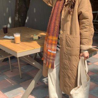Fleece-lined Button-up Long Coat Khaki - One Size
