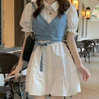 Puff-sleeve Tiered A-line Mini Shirtdress / Spaghetti Strap Denim Wrap Top