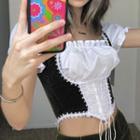 Mock Two-piece Puff-sleeve Lace-up Crop Top