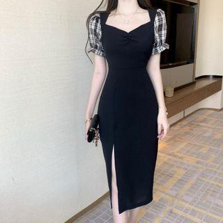 Plaid Panel Midi Slit Dress